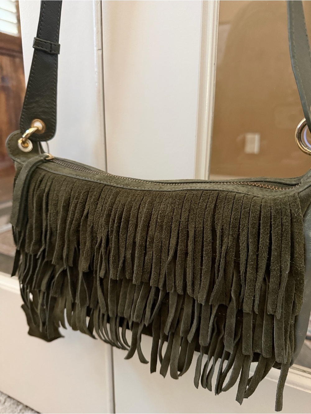 Haute Hippie Olive Green Genuine Suede Tiered Fringe Adjustable Crossbody Bag - Picture 4 of 10